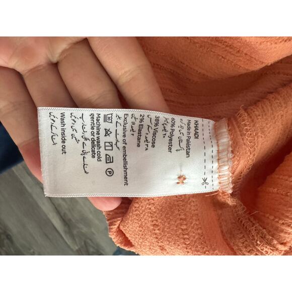 Khaadi Crinkle Textured Pant Set Balloon Sleeve Top Women’s Small Orange - Picture 6 of 13